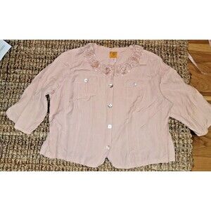 Ruby Rd Jacket/ Top Women 20W Peach Pink Rose Embellished Neck Linen Fairycore